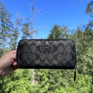 COACH Long Zip-Around Wallet Signature Metallic Black/Gray with Silver Hardware